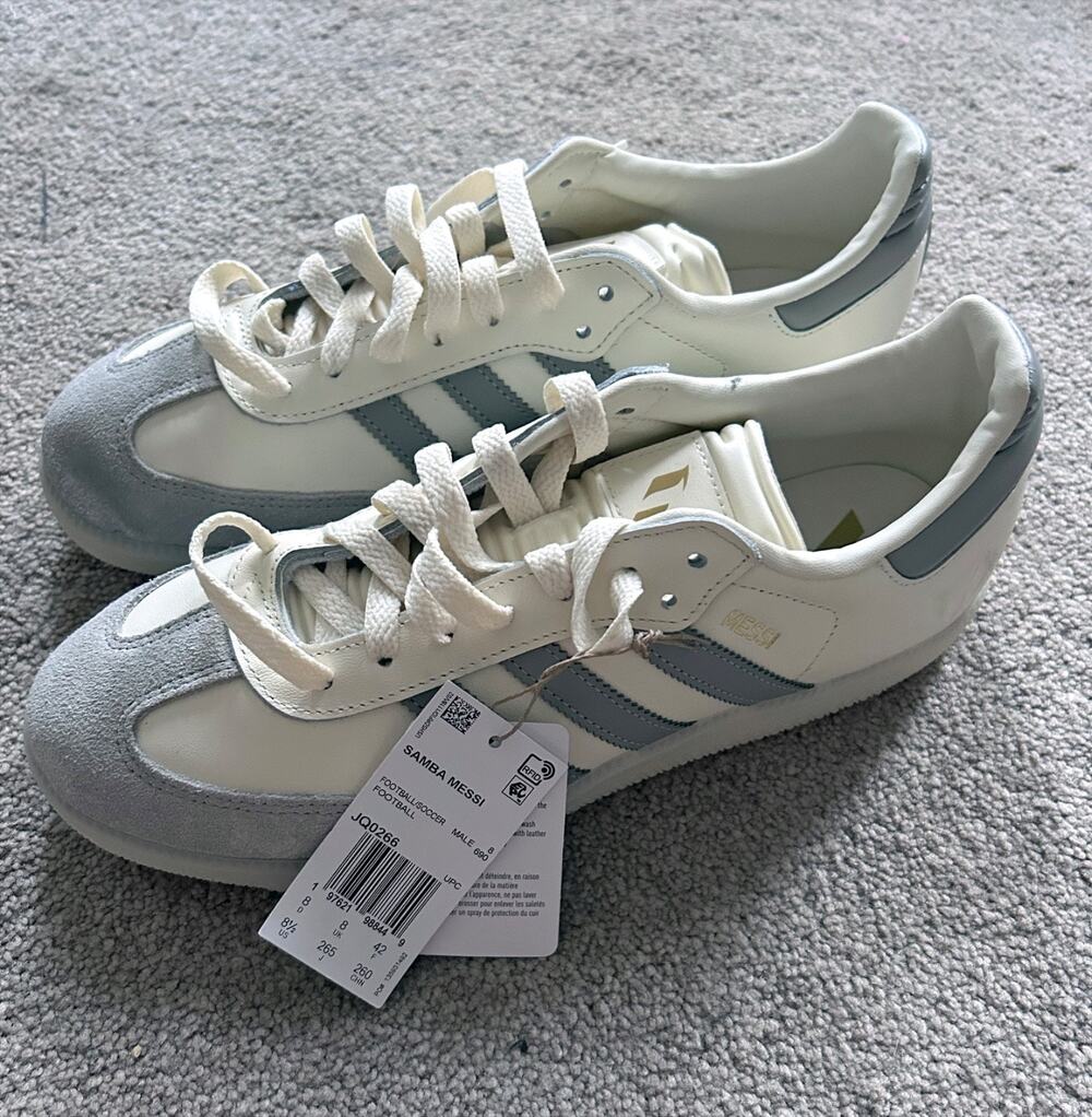 NWT! Mens Messi x adidas Samba Indoor Soccer Shoes, Cream Gray Gold, Size 8.5